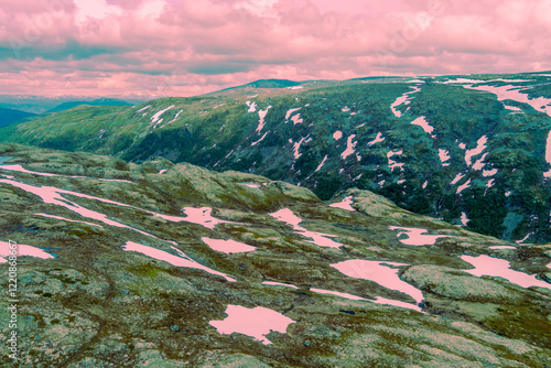 Obraz na płótnie Drone view of mountain landscape near Aurlandsfjord. View from high mountain road Bjorgavegen. Aurlandsvegen, Aurland, Norway w salonie