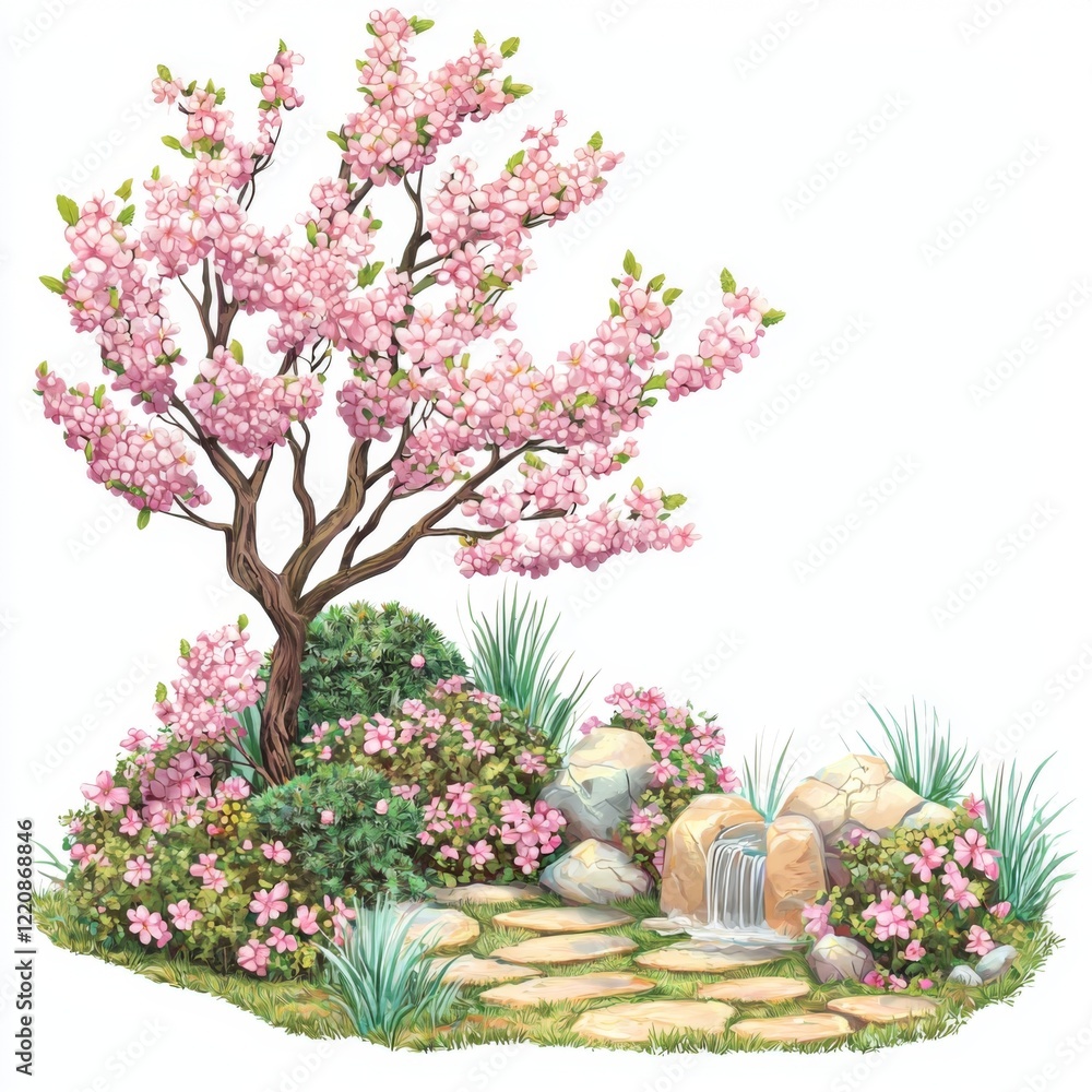Serene Landscape with Cherry Blossom Tree, Waterfall, and Colorful Floral Arrangement in a Peaceful Garden Setting Serene Landscape with Cherry Blossom Tree, Waterfall, and Colorful Floral Arrangement in a Peaceful Garden Setting