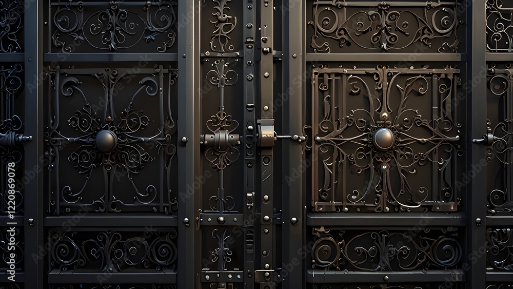 ornate wrought-iron elements of metal gate decoration. Generative AI ornate wrought-iron elements of metal gate decoration. Generative AI