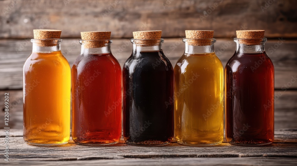 An inviting collection of artisan bottles filled with colorful liquids, elegantly arranged on weathered wood, emphasizing rustic charm and the beauty of simplicity. An inviting collection of artisan bottles filled with colorful liquids, elegantly arranged on weathered wood, emphasizing rustic charm and the beauty of simplicity.
