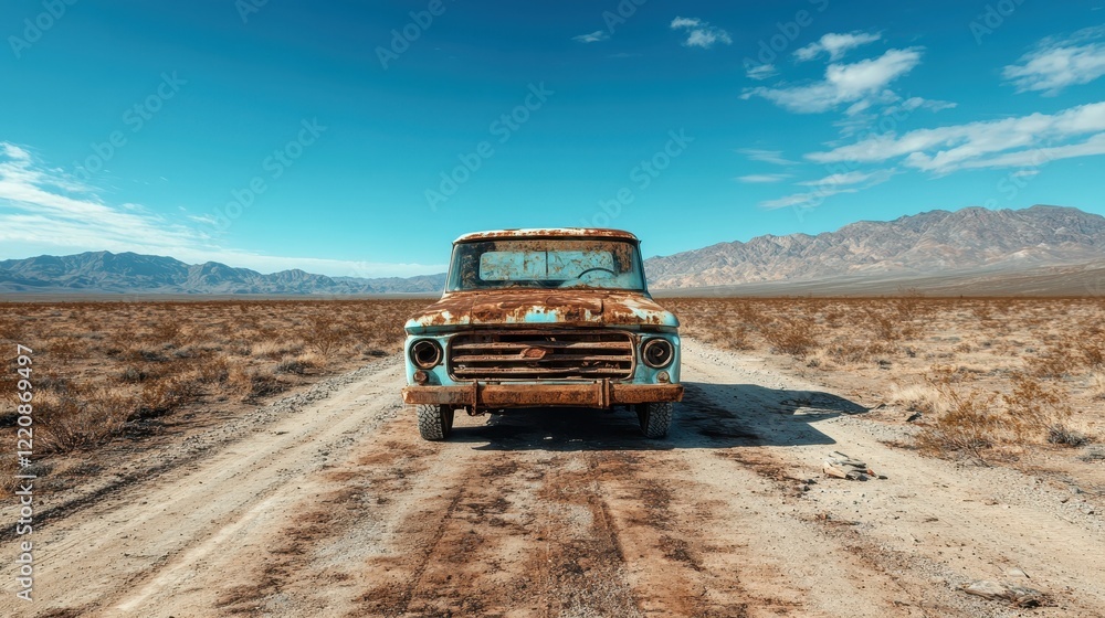 A weathered truck stands proudly in an expansive dry field, surrounded by mountainous terrain, illustrating a perfect combination of beauty, abandonment, and nature's harshness. A weathered truck stands proudly in an expansive dry field, surrounded by mountainous terrain, illustrating a perfect combination of beauty, abandonment, and nature's harshness.