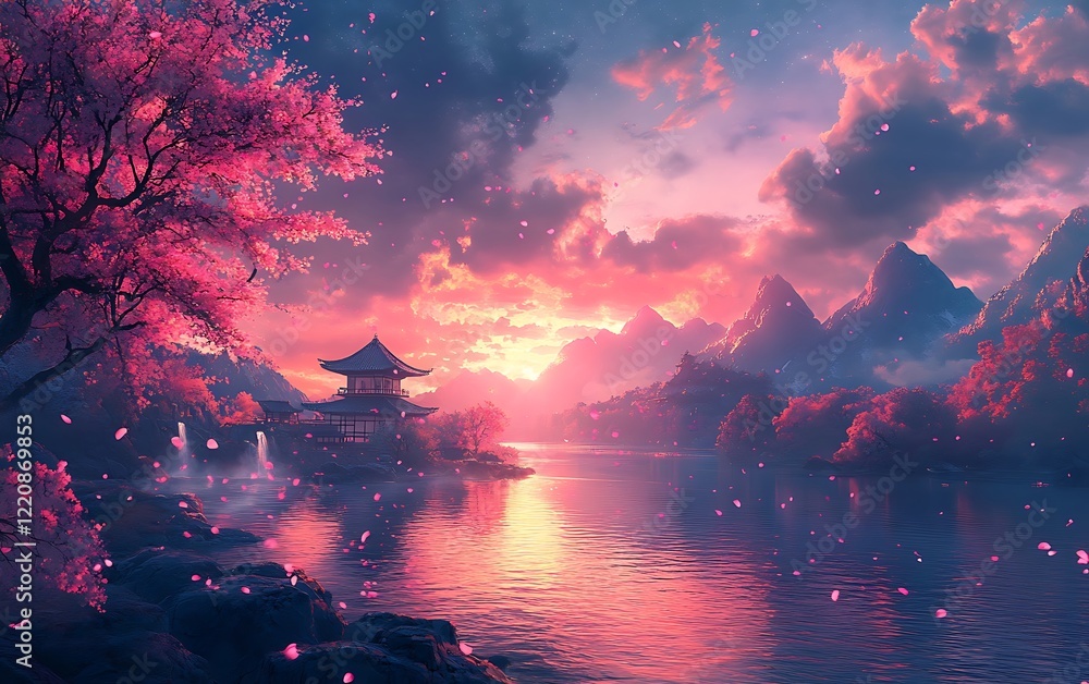 Fototapeta premium Cherry Blossom Sunset Water Reflection Illustration