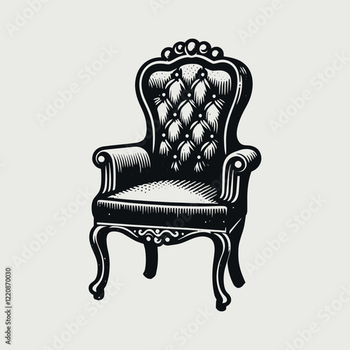 Vintage upholstered armchair with ornate details, vector engraving