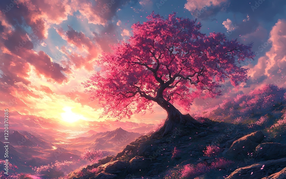 Cherry Blossom Tree Sunrise Valley Digital Art