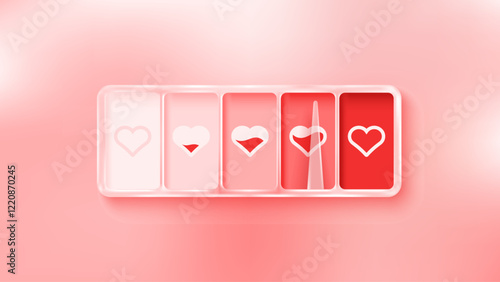 Love meter. Heart symbol isolated. Loading indicator. Progress bar. Vector eps10 illustration. Valentine's day concept. Romance measuring scale. 3d. UI element design. Flat. Relationship satisfaction.