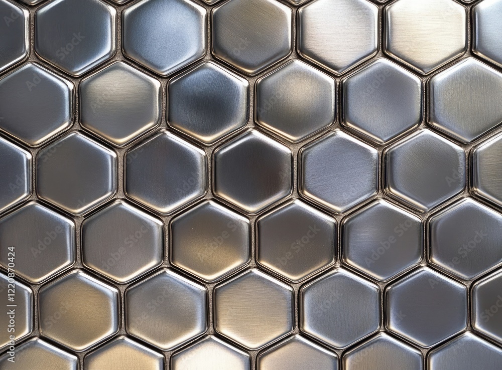 A high-resolution photo of stainless steel hexagonal tiles in a seamless texture A high-resolution photo of stainless steel hexagonal tiles in a seamless texture