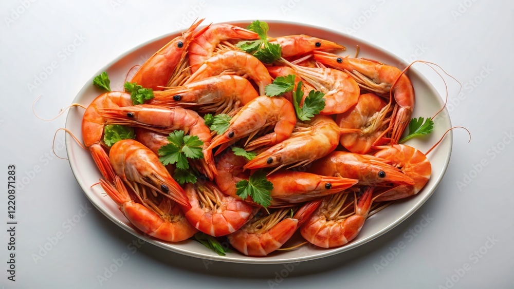 Aerial View of Boiled Shrimp on Plate - Delicious Seafood Dinner Aerial View of Boiled Shrimp on Plate - Delicious Seafood Dinner