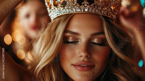 This vibrant image captures a beautiful woman wearing a crown as she basks in joy, evoking a sense of celebration and triumph amidst a backdrop of sparkling lights. photo