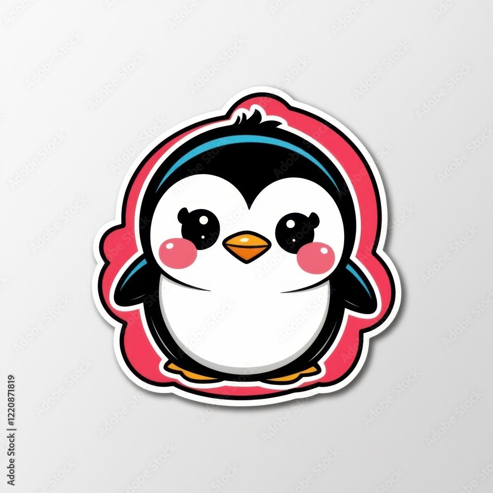 Fototapeta premium Cute cartoon penguin with rosy cheeks and a cheerful expression, set against a pink background.