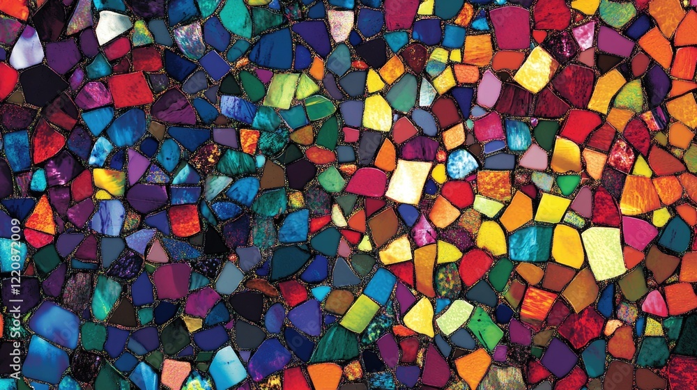A colorful mosaic design with small tiles in various jewel tones, arranged in an intricate pattern. A colorful mosaic design with small tiles in various jewel tones, arranged in an intricate pattern.