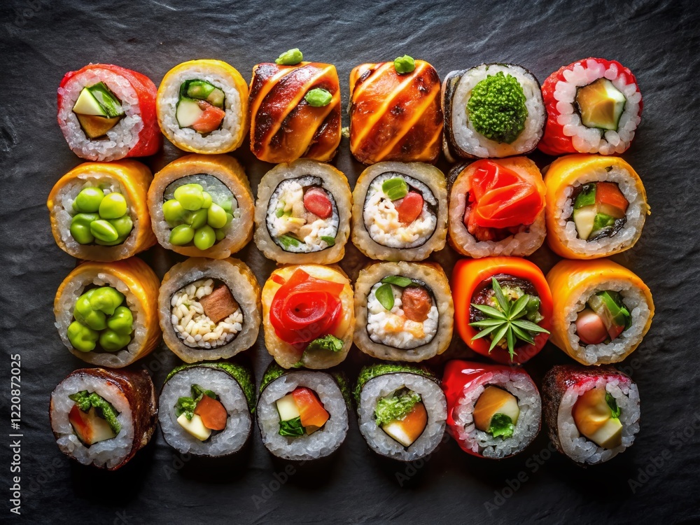 Aerial View of Delicious Sushi Rolls on Black Background - Drone Photography Aerial View of Delicious Sushi Rolls on Black Background - Drone Photography