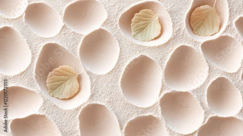Natural leaf imprints on eggshells artistic photography indoor studio minimalist aesthetic