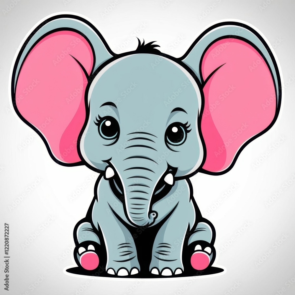 Fototapeta premium Cute cartoon elephant with large pink ears sitting down, showcasing a friendly expression and appealing design for children’s art.