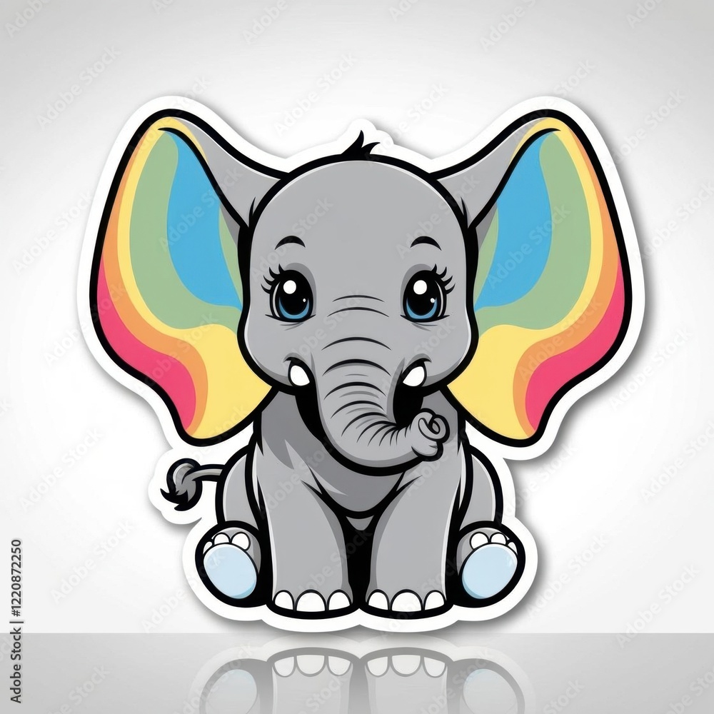 Naklejka premium Cute cartoon elephant with colorful ears, sitting down, showcasing a playful and friendly design.