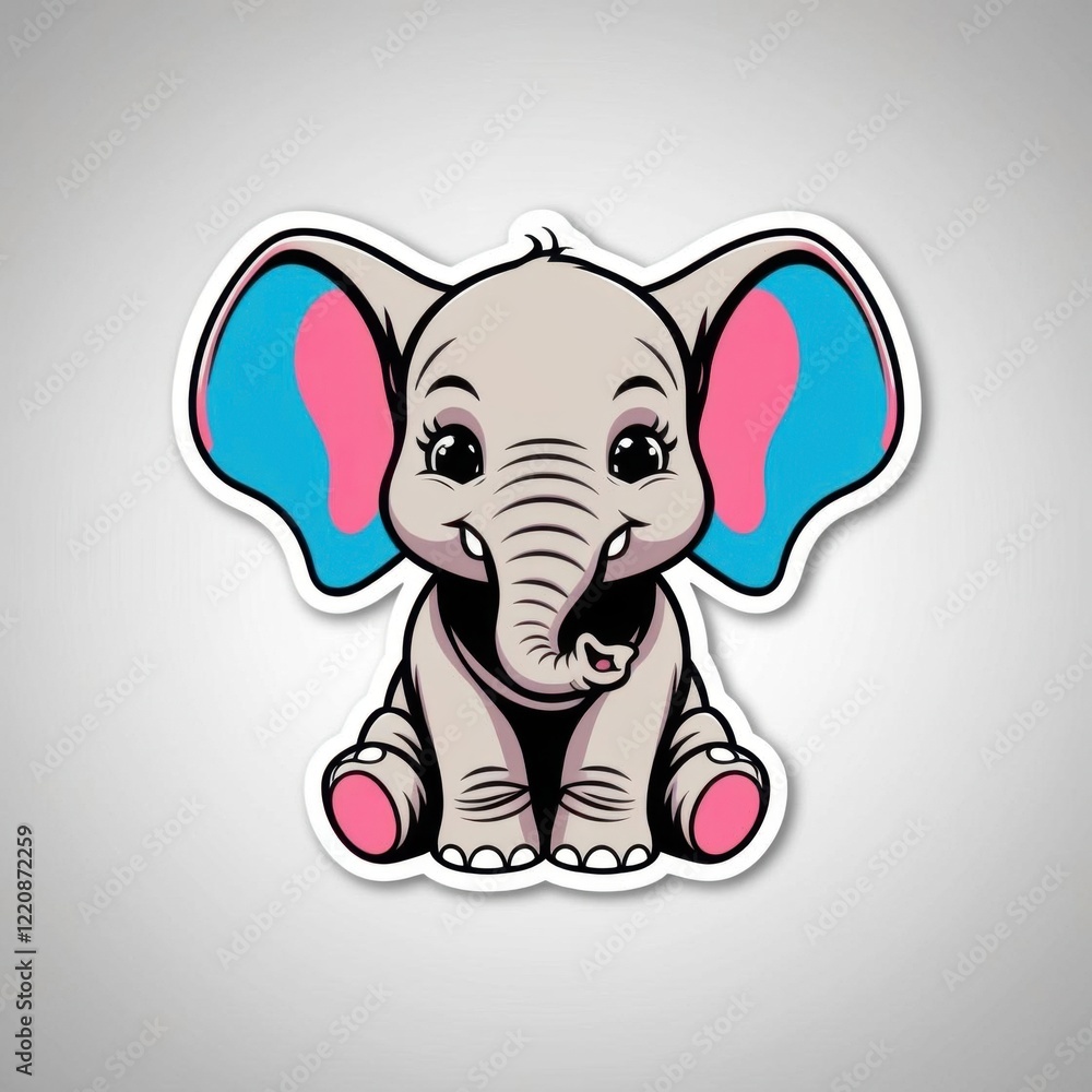 Fototapeta premium Cute cartoon elephant with large blue ears and a cheerful expression, sitting down, perfect for children's artwork or designs.
