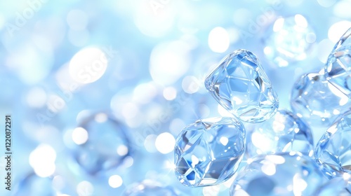 Sparkling crystal gems on soft blue background abstract photography calm environment close-up view