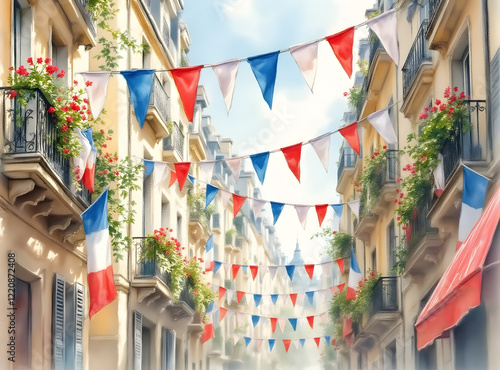 Watercolor painting of tricolor bunting for Bastille Day in a warm and lively atmosphere draped across balconies with soft brush strokes and subtle details of Parisian architecture