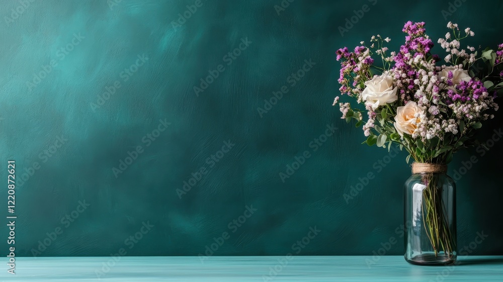A serene display of fresh flowers in a lovely glass vase set against a teal background, evoking feelings of peace, beauty, and natural elegance in any setting.