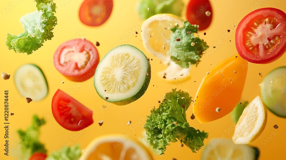 Various vegetables and fruits are suspended in mid-air against an orange background. Various vegetables and fruits are suspended in mid-air against an orange background.
