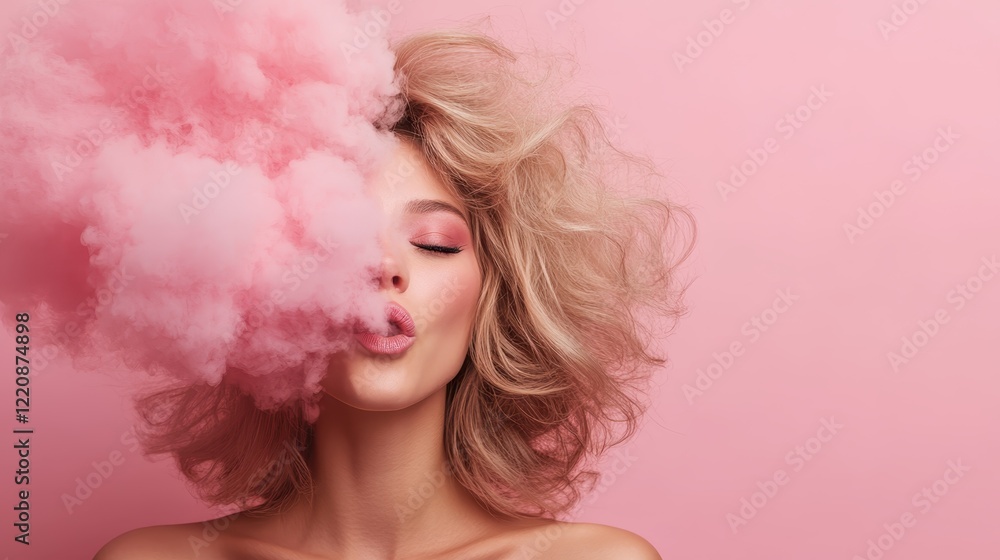 A captivating image of a model surrounded by whimsical pink clouds, highlighting her natural features in an energetic and playful manner that draws the viewer in. A captivating image of a model surrounded by whimsical pink clouds, highlighting her natural features in an energetic and playful manner that draws the viewer in.