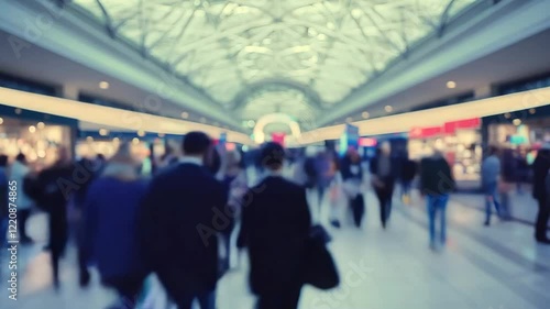 Blurred Neon-Lit Scene in a Busy Shopping Mall with Fast-Moving Crowd – Dynamic Retail Atmosphere