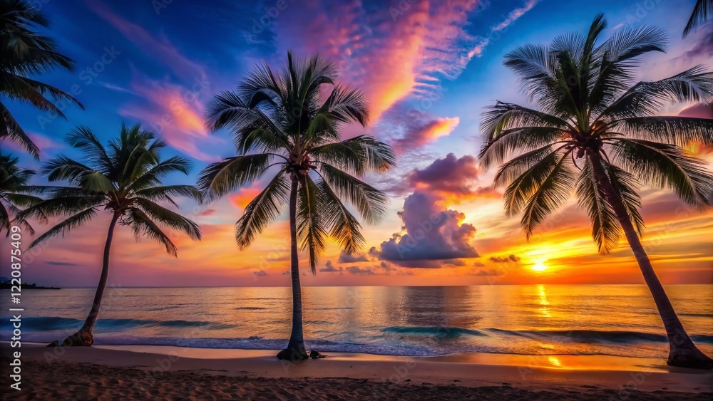 Obraz premium Minimalist Tropical Sunset: Silhouetted Palm Trees on Vibrant Ocean Beach