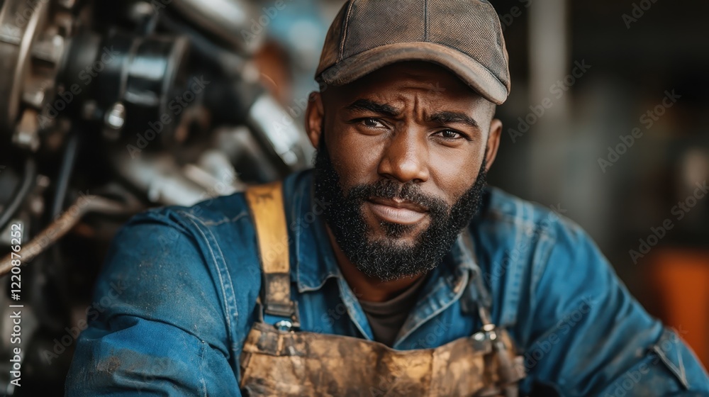 A serious worker poses confidently amidst machinery in a workshop setting, embodying the hard work and dedication often found in the industrial and mechanical sectors. A serious worker poses confidently amidst machinery in a workshop setting, embodying the hard work and dedication often found in the industrial and mechanical sectors.