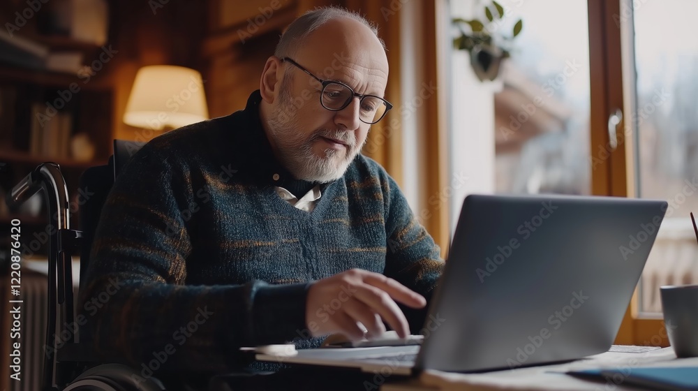 Man in wheelchair works on laptop in a warm, naturally lit home. Middle-aged disabled man working on laptop in cozy home office during daytime Man in wheelchair works on laptop in a warm, naturally lit home. Middle-aged disabled man working on laptop in cozy home office during daytime