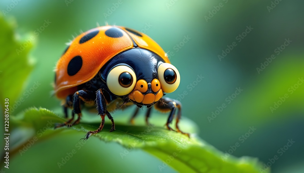 Naklejka premium Cute Cartoon Ladybug On Green Leaf Detailed Closeup