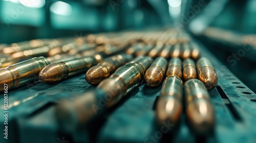 This image captures a detailed view of bullets arranged neatly, highlighting their metallic surfaces and intricate design, embodying themes of industry and conflict. photo