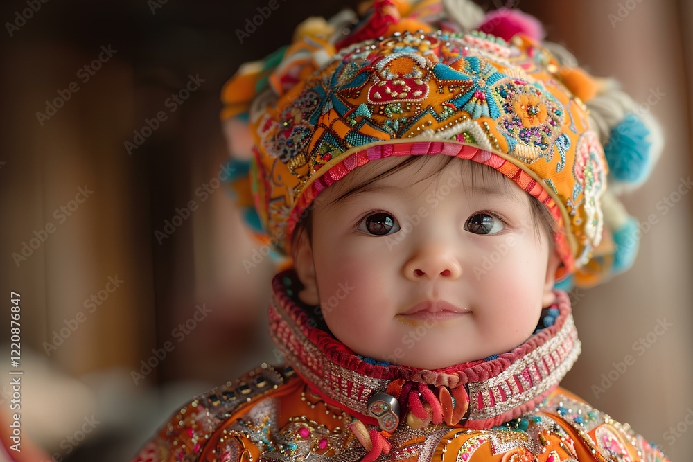 A close up of a child wearing a colorful hat A close up of a child wearing a colorful hat