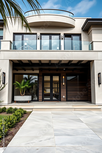 Wallpaper Mural Modern Luxury House Exterior: Contemporary Architecture and Design.  Stunning facade, glass balcony, and stone pathway. Ideal for real estate listings and architectural showcases. Torontodigital.ca