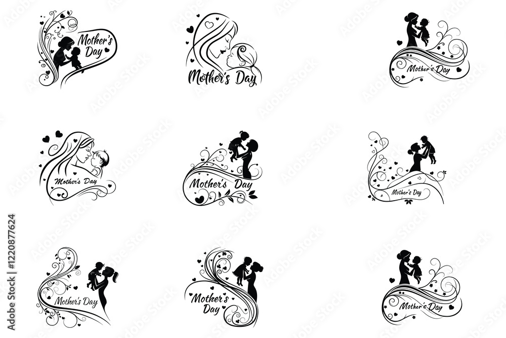 Fototapeta premium Happy Mothers day. Holiday design template with realistic pink carnation flowers, gift box and paper hearts on pink background.Calligraphic greeting text. Vector stock illustration.