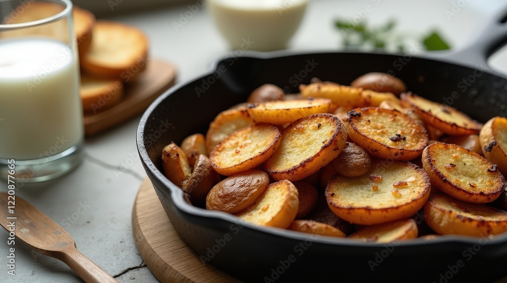 Rustic skillet with crispy potatoes and chanterelle mushrooms served with milk Rustic skillet with crispy potatoes and chanterelle mushrooms served with milk