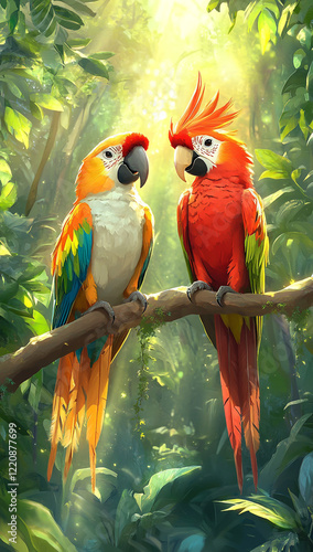 Color illustration of two stunning cockatoos with long, flowing tails on a tree branch photo