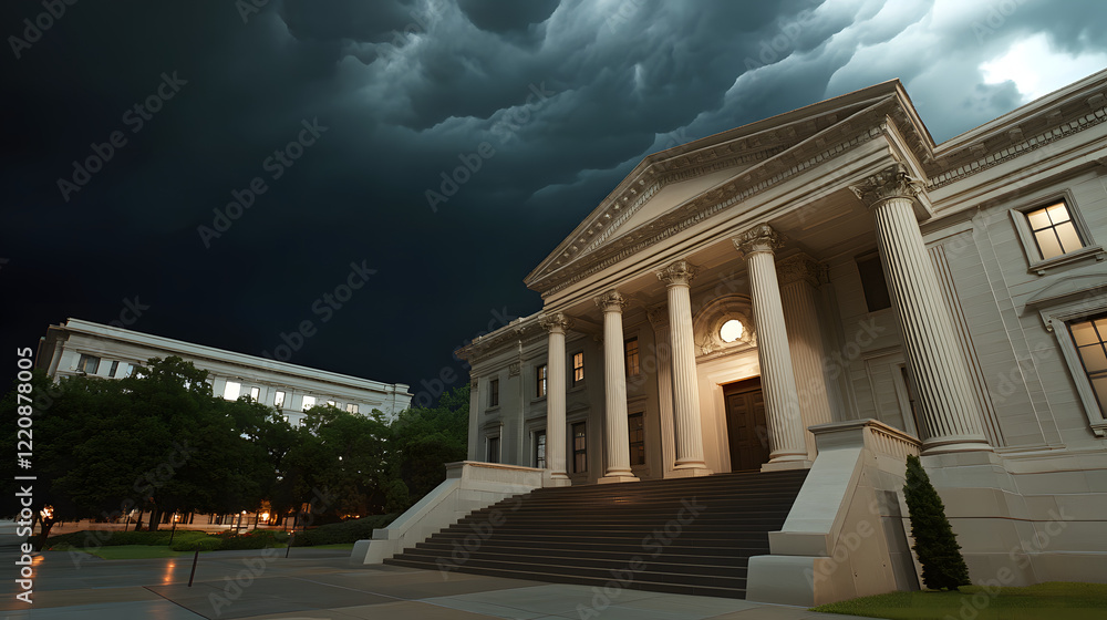 Obraz premium Dramatic courthouse exterior featuring towering stone columns and grand architecture, symbolizing justice, authority, and the importance of legal proceedings in society.