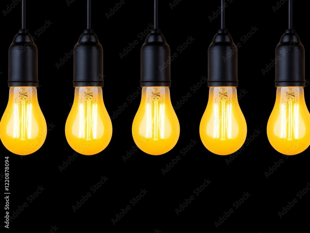 Obraz premium Set of five yellow light bulbs arranged on a white surface for home or office use