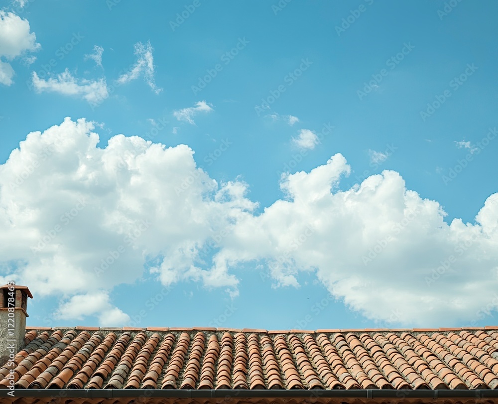 Photo of a red tile roof with a blue sky and white clouds in the background, providing ample copy space. Stock photo with a 2/3 layout for text placement. Photo of a red tile roof with a blue sky and white clouds in the background, providing ample copy space. Stock photo with a 2/3 layout for text placement.