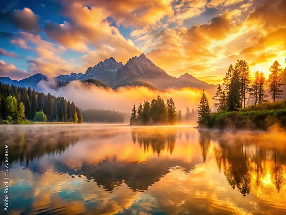 Fototapeta premium Misty Mountain Lake Sunrise: Serene Candid Photo of Dawn