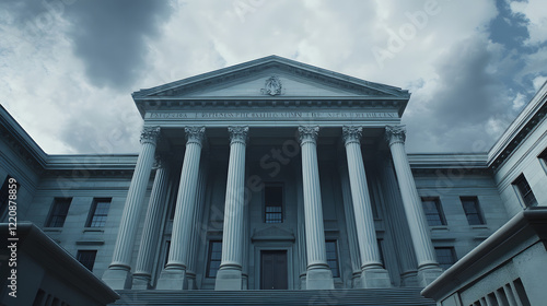 Dramatic courthouse exterior featuring towering stone columns and grand architecture, symbolizing justice, authority, and the importance of legal proceedings in society.