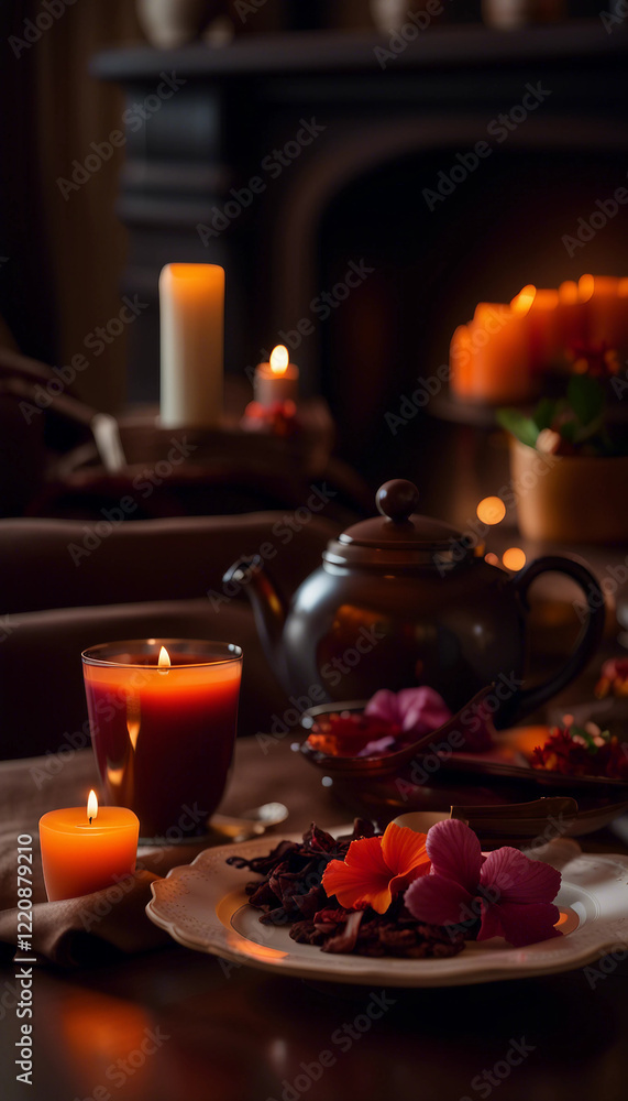 Obraz premium Candle flickering with vibrant flowers, chocolate, and tea set creating a cozy, serene ambiance.