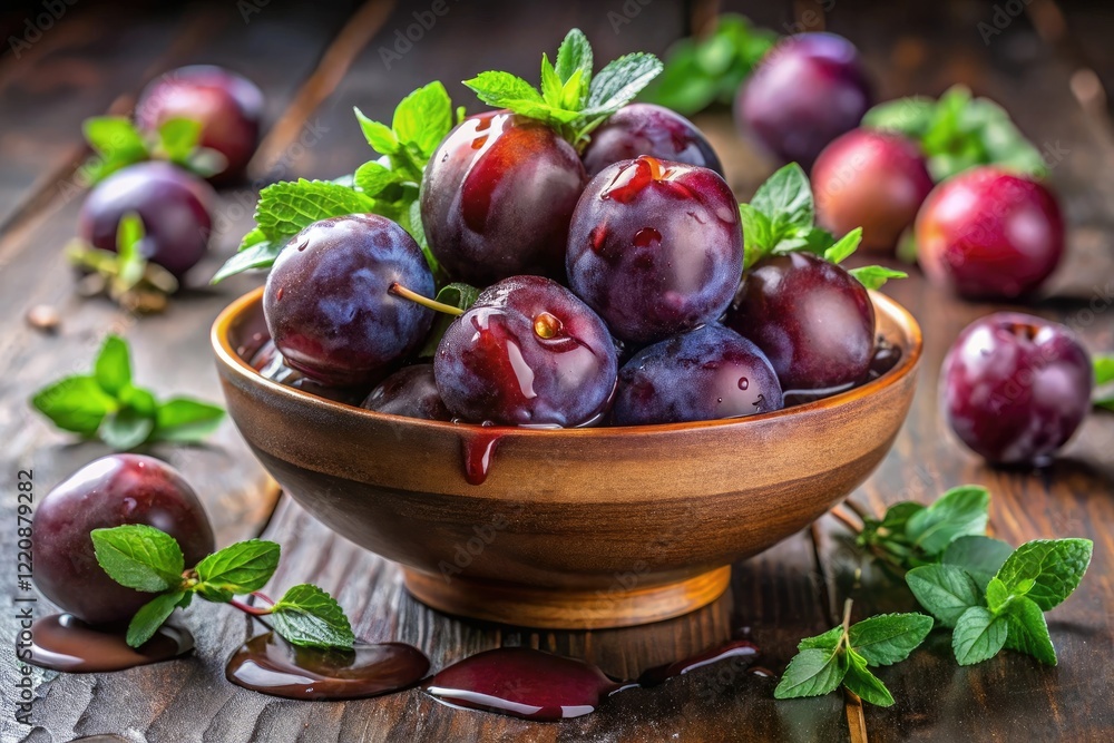 A bowl of ripe plums with a glob of dripping slime in the center, surrounded by fresh herbs, ripe, freshness, bowl, seasonal
