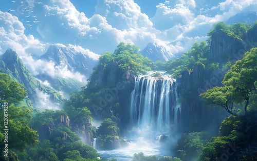 Beautiful Lush Green Waterfall Digital Art Landscape