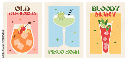 Poster drink set. Cocktail arts. Retro posters with alcohol cocktails. Old fashioned. Bloody mary. Pisco Sour. 90s 80s 70s groovy posters. Modern trendy print. Drink with fruit and ice.