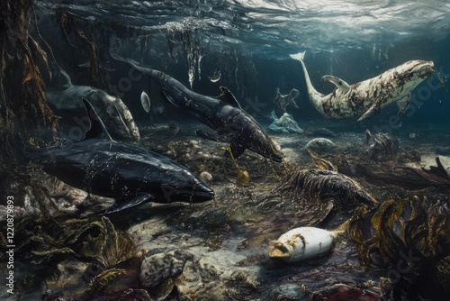 Marine life struggles against a dark tide of despair in an oil-contaminated ocean realm photo