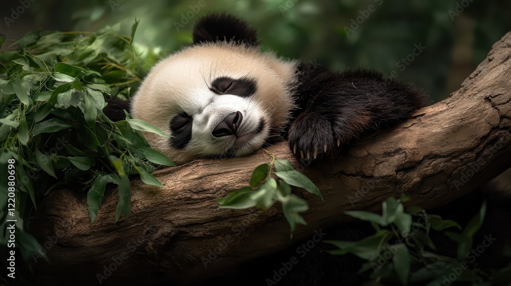 Fototapeta premium A close-up of a sleeping panda nestled in a tree, surrounded by lush greenery, conveying a sense of calmness and the beauty of wildlife in its natural habitat.