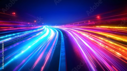Night highway captures flowing light trails from cars in long exposure, creating glowing streaks against dark sky with urban silhouette and neon color effects.