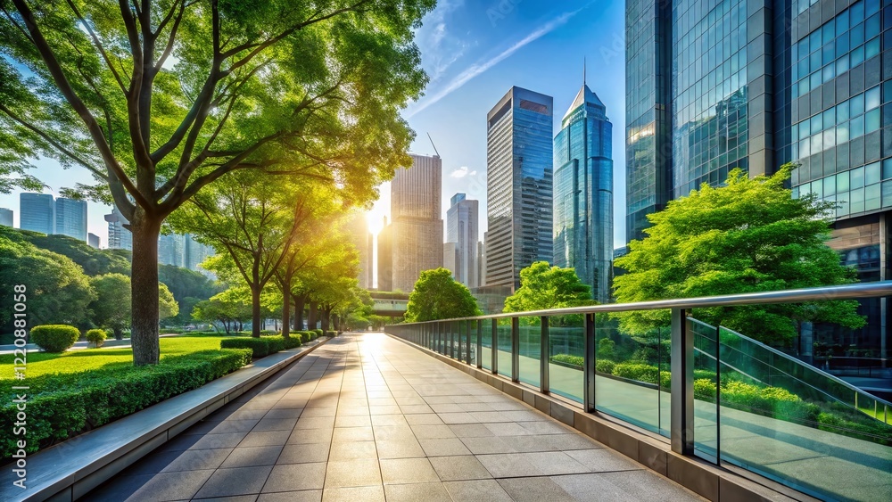Modern City Walkway: Empty paved path lined with green trees leading to skyscrapers.