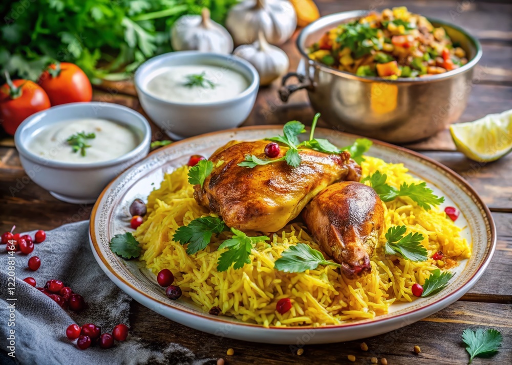 Authentic Iranian Saffron Chicken with Yogurt & Herbs - High-Resolution Stock Photo