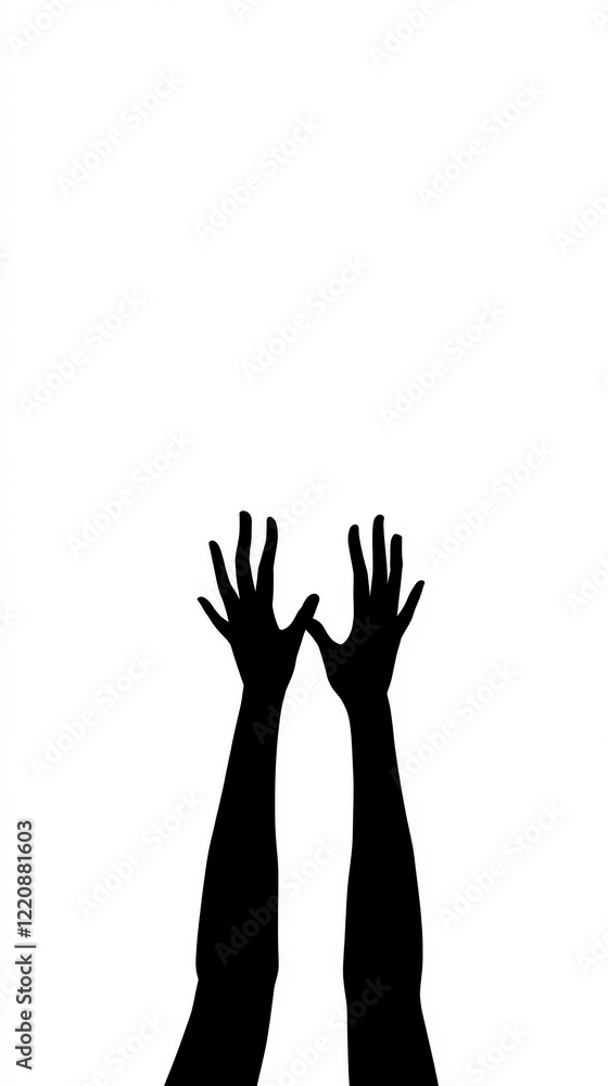 Silhouette of stacked hands reaching inward against clean white background Silhouette of stacked hands reaching inward against clean white background